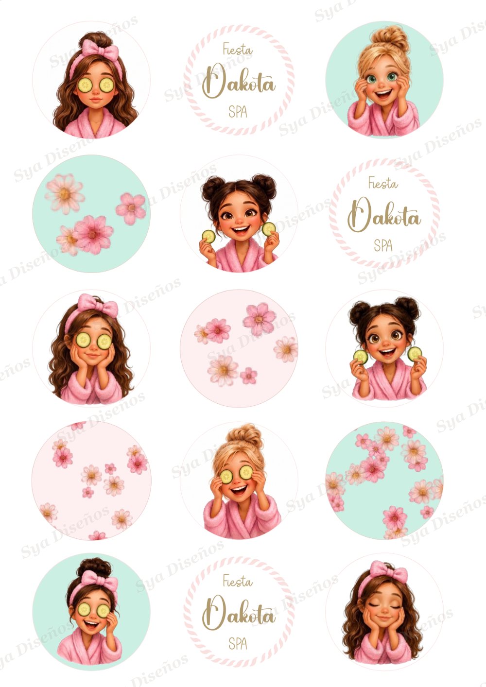 Toppers redondos personalizados para fiesta SPA infantil Dakota