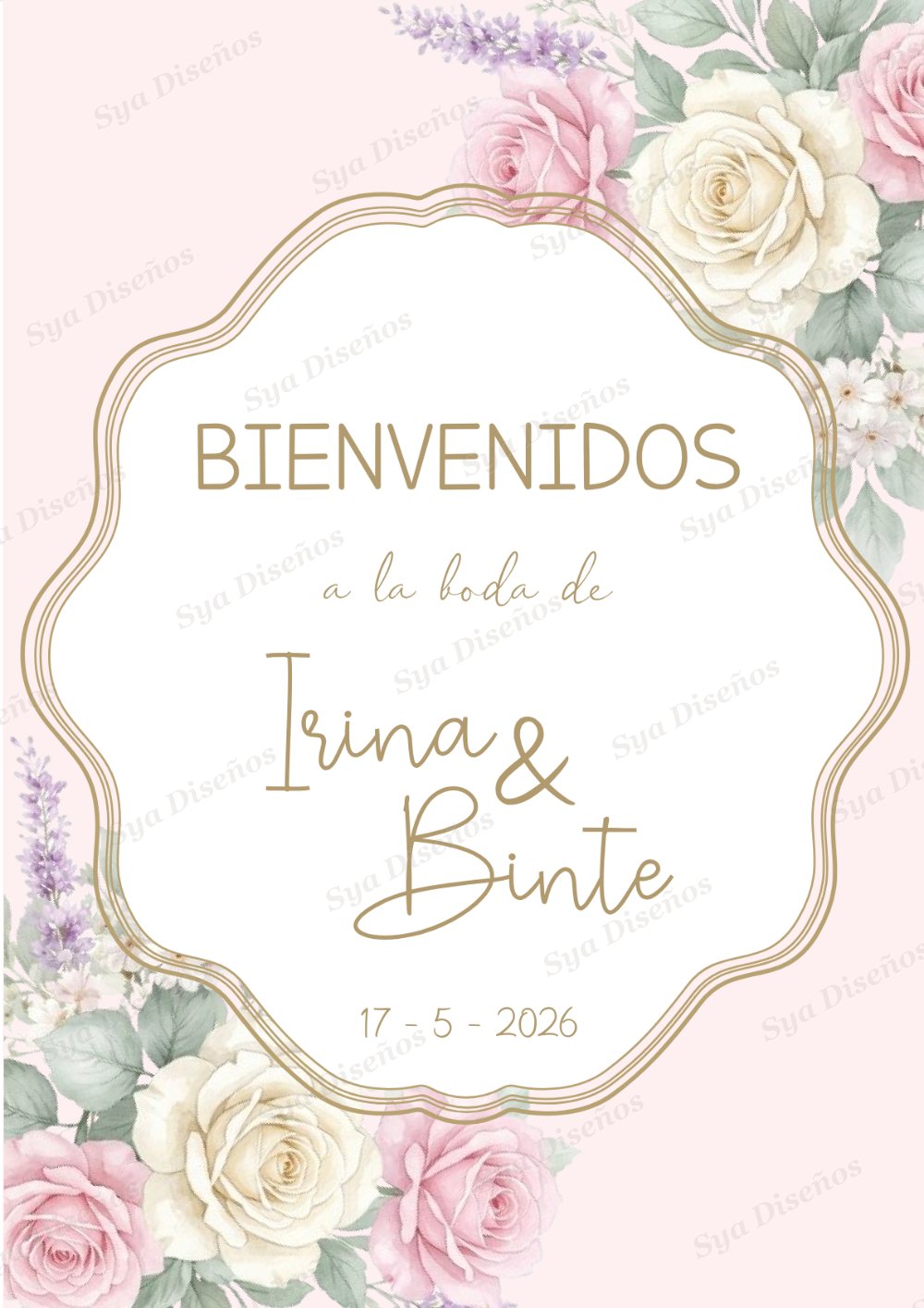 Cartel de bienvenida personalizado para boda con rosas en acuarela